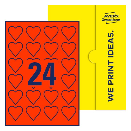 24 stk. etiketter per ark - Hjerteformede etiketter, 40 x 40 mm