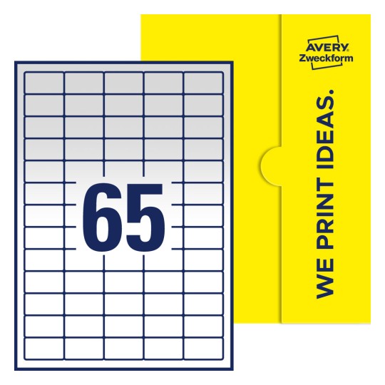 65 stk. etiketter per ark - Firkantede etiketter, 38,1 x 21,2 mm