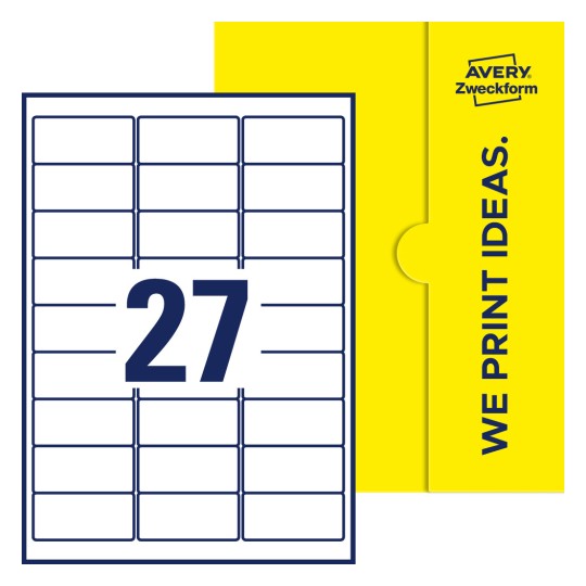 27  stk. etiketter per ark - Firkantede etiketter, 63,5 x 29,6 mm