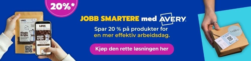 Banner med tekst som viser at vi akkurat nå gir 20 % rabatt på hele nettbutikken.