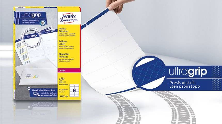 Bildet viser en pakke med adresseetiketter med ultragrip, et ark som holdes opp, og teksten "ultragrip – Presis utskrift uten papirstopp".