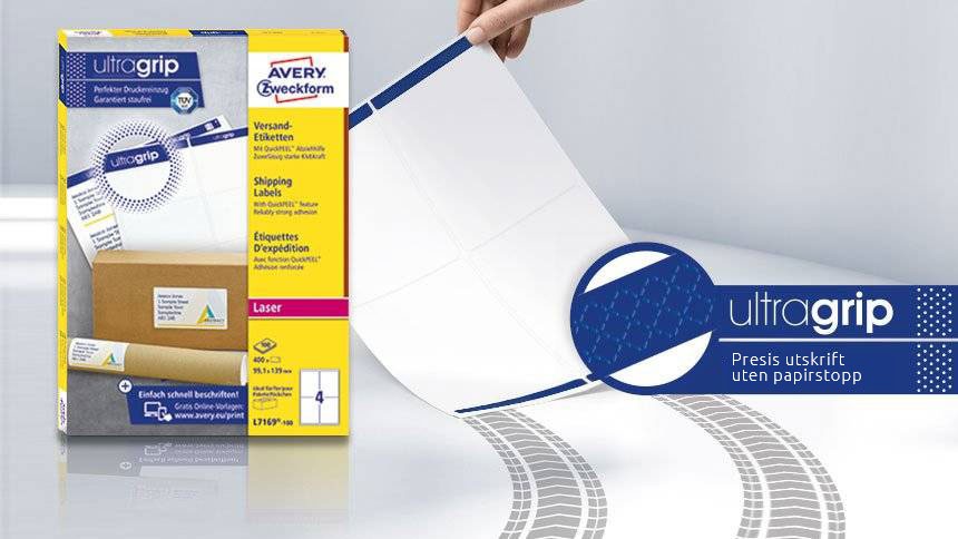 Bildet viser en pakke med pakkeetiketter med ultragrip, et ark som holdes opp, og teksten "ultragrip – Presis utskrift uten papirstopp".