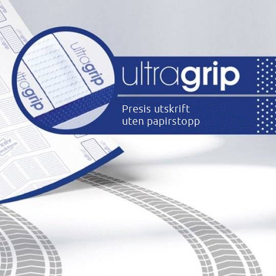 Illustrasjon av ultragrip på ark med teksten presis utskrift uten papirstopp.