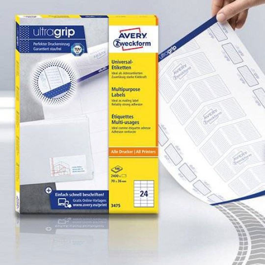 Bildet viser en pakke med flerbuksetiketter med ultragrip, et ark som holdes opp, og teksten "ultragrip – Presis utskrift uten papirstopp".