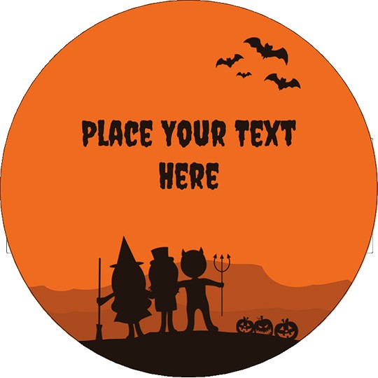Lenke til Avery Design & Print – rund etikett i oransje, flaggermus, barn stående på en bakke i svart, med teksten "Place your text here" i midten