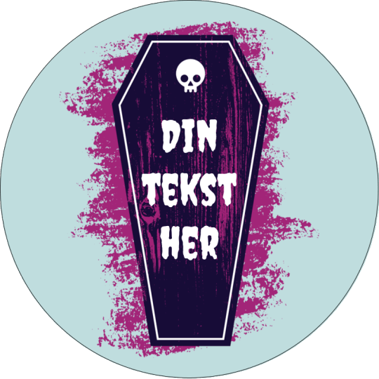 Lenke til Avery Design & Print – rund etikett i blå med en lilla kiste og teksten "Din tekst her" inni kisten