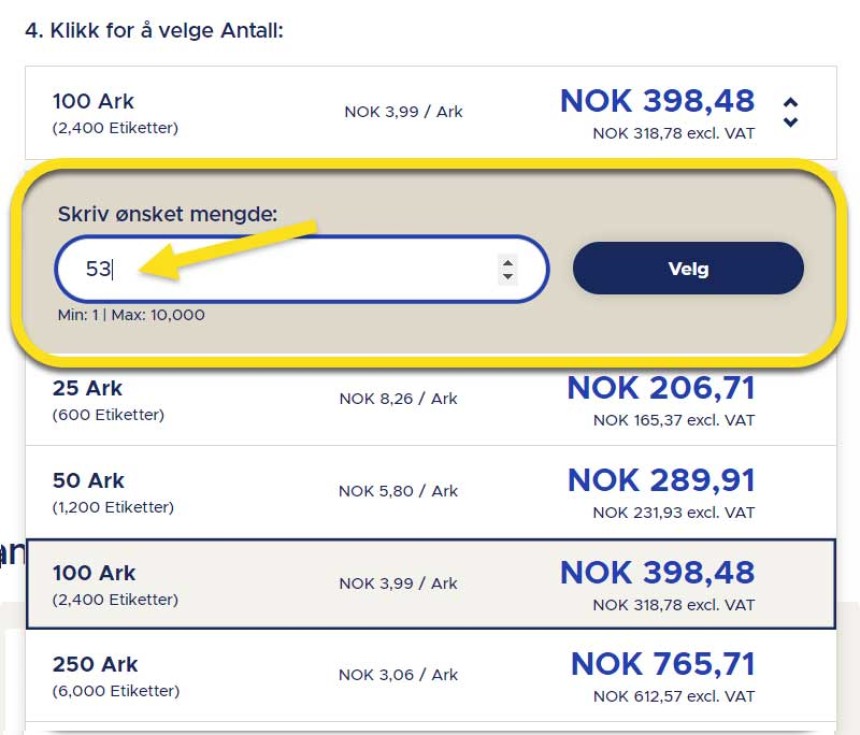 Avery Bestill nøyaktig det antall ark du trenger