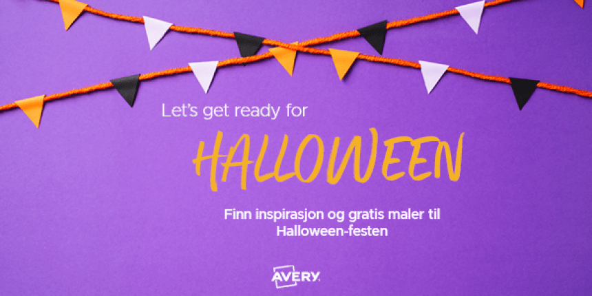 Halloween-banner 2024 med flagg og teksten: Finn inspirasjon og gratis maler til din Halloween-fest.