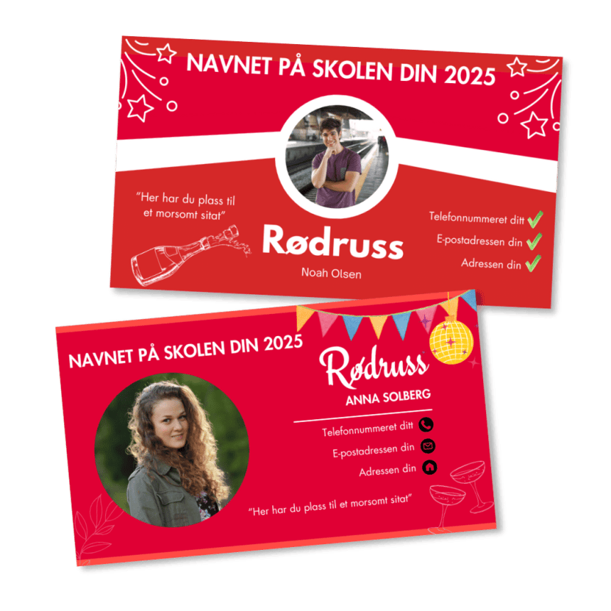Illustrasjon av to forskjellige russekort for en jente og en gutt. Begge er helt røde og inneholder informasjon som skolens navn, elevens navn, adresse, e-post og plass til et lite morsomt sitat.