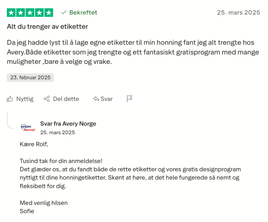 Avery NO Trustpilot anmeldelse "Alt du trenger av etiketter"