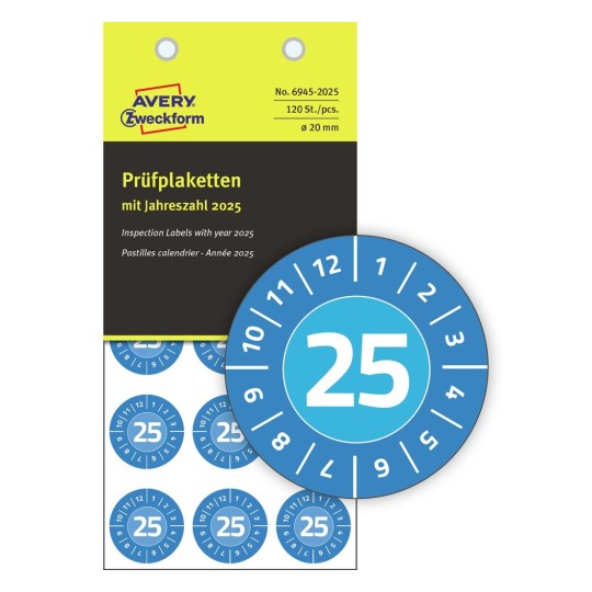 Etiketter med inspeksjonsdato 2025 og NoPeel™ 69452025 Avery