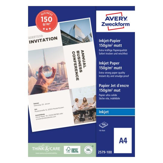 Pakningsbilde: Avery Zweckform, Artikkel: 2579-100, Format: 210 x 297 mm, Skriverkompatibilitet: Inkjet, Innhold: 100 ark.