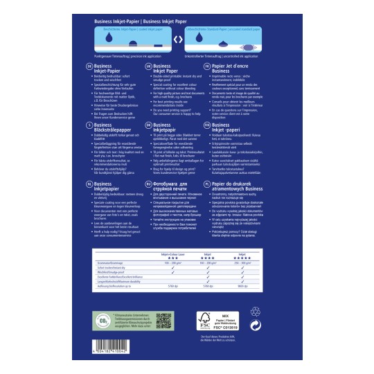 Bildet er et produktinformasjonsark for Business Inkjet Paper, som beskriver spesifikasjoner på ulike språk, inkludert tysk, engelsk, fransk, dansk, finsk, nederlandsk, russisk og polsk. Det inkluderer informasjon om utskriftskvalitet, funksjoner og kundestøttealternativer, sammen med en tabell som sammenligner ulike typer blekkpapir.