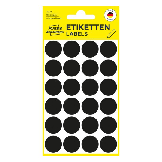 Pakningsbilde: Avery Zweckform Fargede Markeringspunkter, Artikkel: 3003, Format: ⌀ 18 mm, Innhold: 96 markeringspunkter / 4 ark, 24 markeringspunkter/ark.