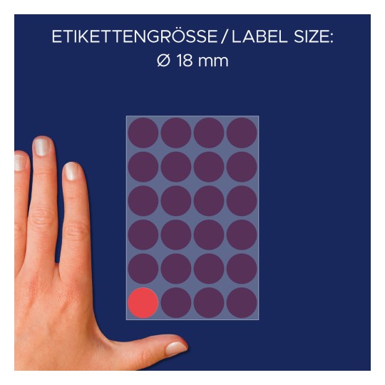 Størrelsessammenligning med hånd, Artikkel: 3004, ett ark med merkepunkter, Format: ⌀ 18 mm, Farge: Rød?