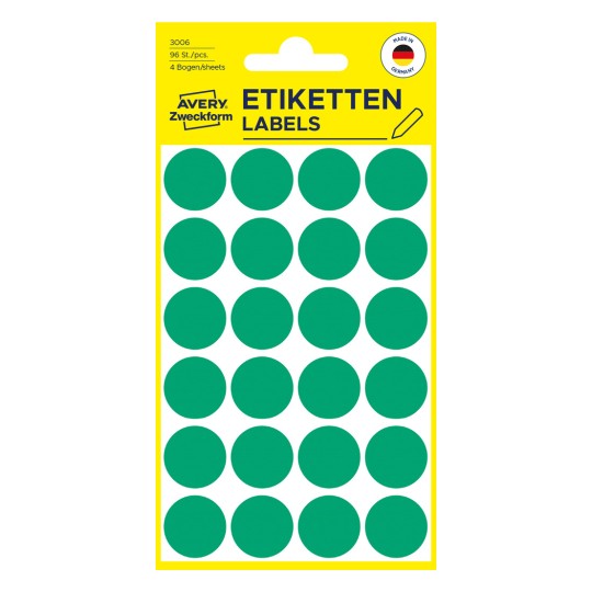 Pakningsbilde: Avery Zweckform Fargede Markeringspunkter, Artikkel: 3006, Format: ⌀ 18 mm, Innhold: 96 markeringspunkter / 4 ark, 24 markeringspunkter/ark.