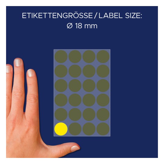Størrelsesammenligning med hånd, artikkel: 59998, ett ark med merkepunkter, format: ⌀ 18 mm, farge: Fargerik.