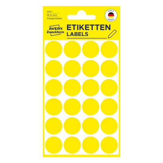 Forpakningsbilde: Avery Zweckform Fargede markeringspunkter, Artikkel: 3007, Format: ⌀ 18 mm, Innhold: 96 markeringspunkter / 4 ark, 24 markeringspunkter/ark
