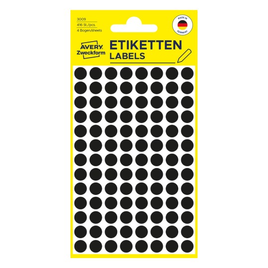 Pakkebilde: Avery Zweckform Fargede merkepunkter, Artikkel: 3009, Format: ⌀ 8 mm, Innhold: 416 merkepunkter / 4 ark, 104 merkepunkter/ark.