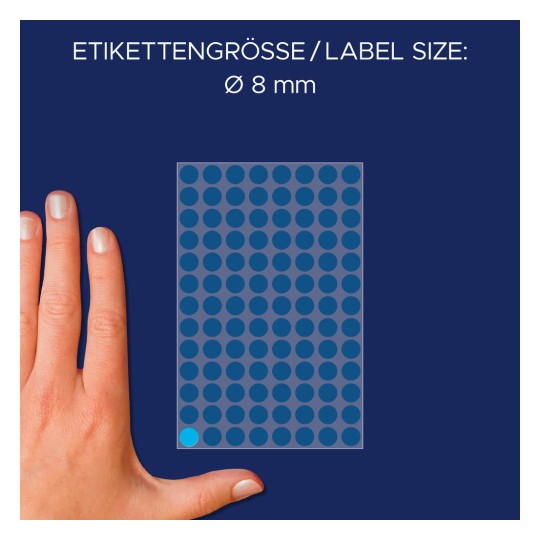 Størrelsessammenligning med hånd, artikkel: 3011, et ark markeringspunkter, format: ⌀ 8 mm, farge: blå?