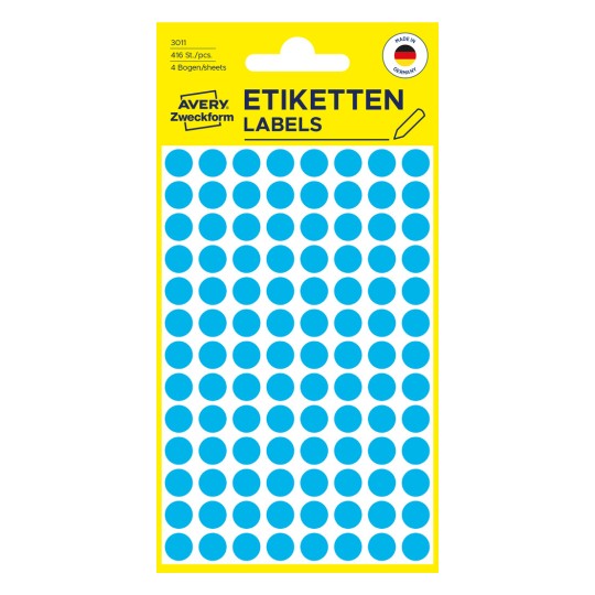 Pakkeillustrasjon: Avery Zweckform Fargede Markørpunkter, Artikkel: 3011, Format: ⌀ 8 mm, Innhold: 416 markørpunkter / 4 ark, 104 markørpunkter/ark.