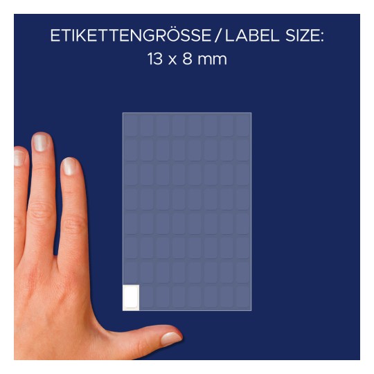 Størrelsessammenligning med hånd, artikkel: 3041, ett ark flerbruksetiketter, format: 13 x 8 mm, farge: hvit.