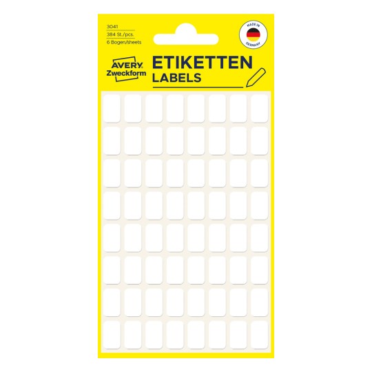 Pakningsbilde: Avery Zweckform Non A4 Universal-etiketter for håndskrift, Artikkel: 3041, Format: 13 x 8 mm, Innhold: 384 etiketter / 6 ark, 64 etiketter/ark.