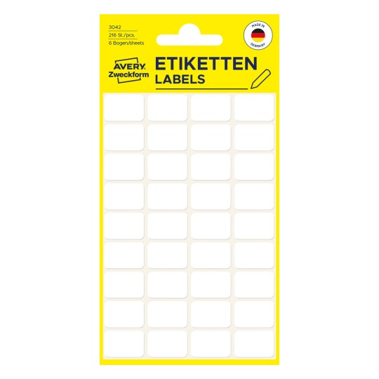 Pakningsbilde: Avery Zweckform Non A4 universalletiketter for håndskrift, artikkel: 3042, format: 18 x 12 mm, innhold: 216 etiketter / 6 ark, 36 etiketter/ark.