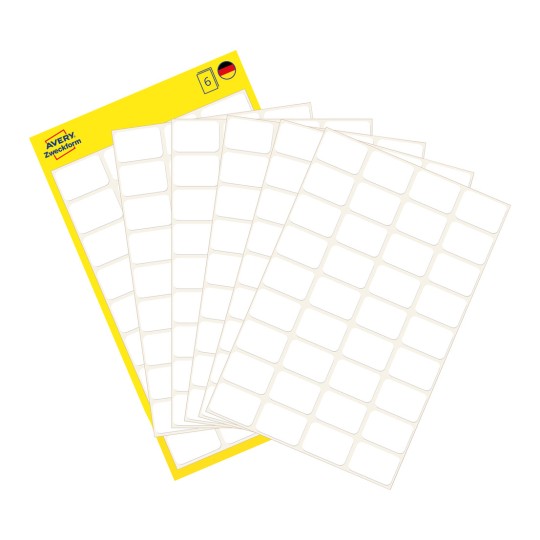 Pakningsbilde med etikettark: Avery Zweckform flerbruksetiketter, Artikkel: 3042, Format: 18 x 12 mm, Innhold: 216 etiketter / 6 ark, 36 etiketter/ark.