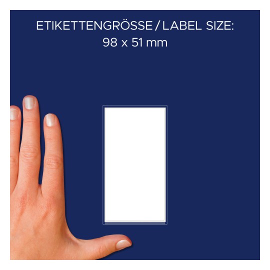 Størrelsessammenligning med hånd, artikkel: 3047, ett ark med flerbruksetiketter, format: 98 x 51 mm, farge: hvit.