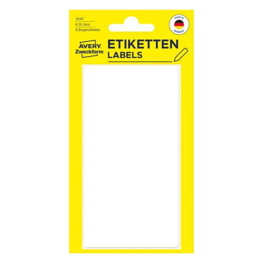 Pakningsbilde: Avery Zweckform Non A4 Universal-etiketter for håndskrift, Artikkel: 3047, Format: 98 x 51 mm, Innhold: 6 etiketter / 6 ark, 1 etikett/ark?
