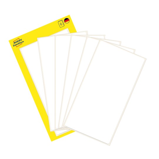 Pakningsbilde med etikettark: Avery Zweckform flerbruksetiketter, Artikkel: 3047, Format: 98 x 51 mm, Innhold: 6 etiketter / 6 ark, 1 etikett/ark.