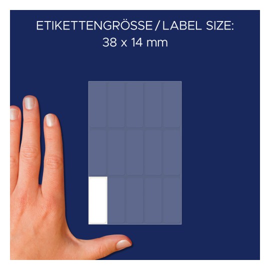 Størrelsessammenligning med hånd, Artikkel: 3076, et ark flerbruksetiketter, Format: 38 x 14 mm, Farge: Hvit.