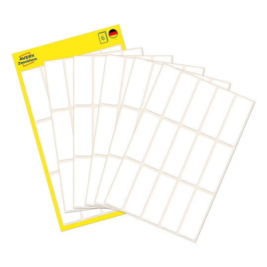 Pakningsbilde med etikettark: Avery Zweckform flerbruksetiketter, artikkel: 3076, format: 38 x 14 mm, innhold: 90 etiketter / 6 ark, 15 etiketter/ark.