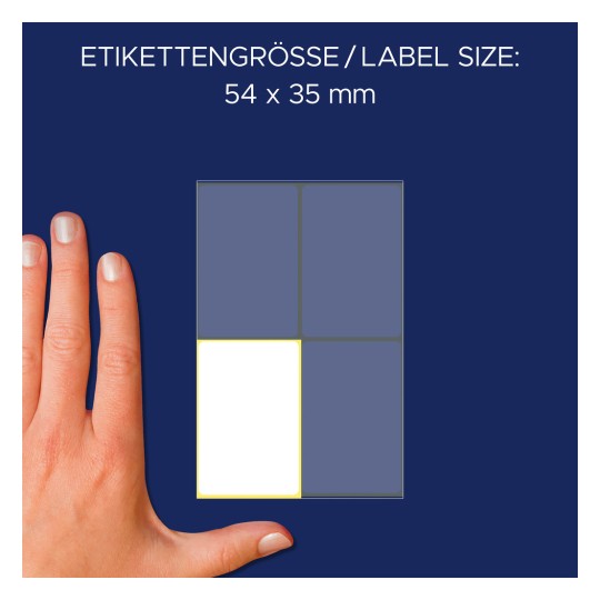 Størrelsessammenligning med hånd, artikkel: 3087, ett ark flerbruksetiketter, format: 54 x 35 mm, farge: hvit.