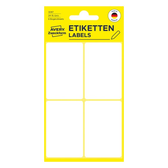 Pakkebilde: Avery Zweckform Non A4 Universal-etiketter for håndskrift, artikkel: 3087, format: 54 x 35 mm, innhold: 24 etiketter / 6 ark, 4 etiketter/ark?