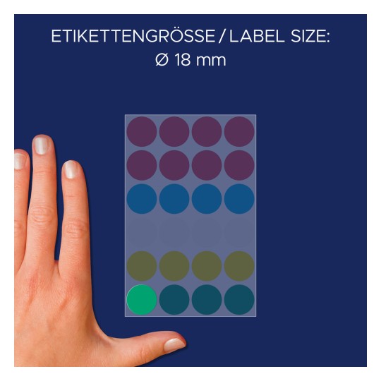 Størrelsessammenligning med hånd, Artikkel: 3089, ett ark med markeringspunkter, Format: ⌀ 18 mm, Farge: Flerfarget?