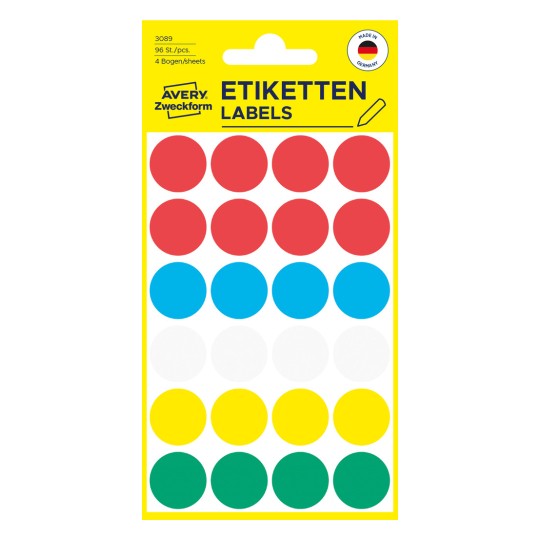 Pakningsbilde: Avery Zweckform Fargede Markeringspunkter, Artikkel: 3089, Format: ⌀ 18 mm, Innhold: 96 markeringspunkter / 4 ark, 24 markeringspunkter/ark.