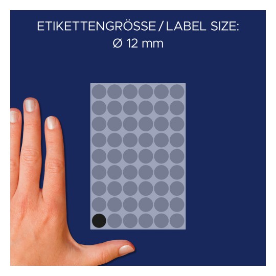 Størrelsessammenligning med hånd, artikkel: 3140, ett ark merkepunkter, format: ⌀ 12 mm, farge: svart.