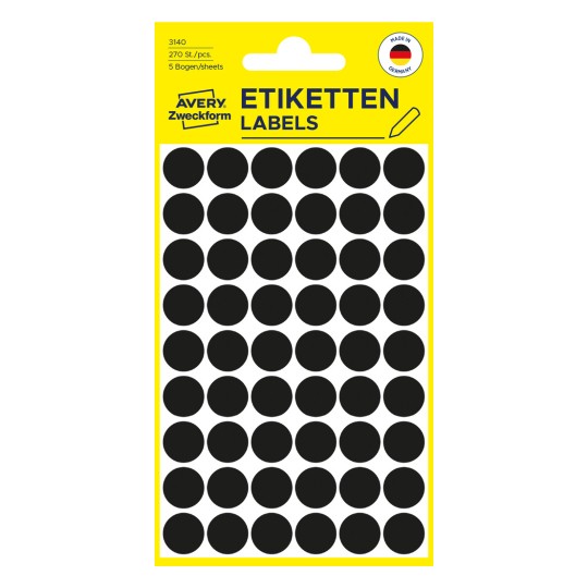 Pakningsbilde: Avery Zweckform Fargede merkepunkter, Artikkel: 3140, Format: ⌀ 12 mm, Innhold: 270 merkepunkter / 5 ark, 54 merkepunkter/ark.
