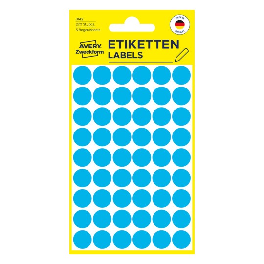 Pakningsbilde: Avery Zweckform Fargede Markeringspunkter, Artikkel: 3142, Format: ⌀ 12 mm, Innhold: 270 markeringspunkter / 5 ark, 54 markeringspunkter/ark.