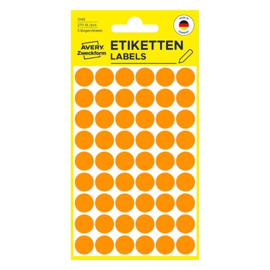Pakningsbilde: Avery Zweckform Fargede markeringspunkter, Artikkel: 3148, Format: ⌀ 12 mm, Innhold: 270 markeringspunkter / 5 ark, 54 markeringspunkter/ark.