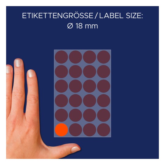 Størrelsessammenligning med hånd, Artikkel: 3172, ett ark med markeringspunkter, Format: ⌀ 18 mm, Farge: neorød?