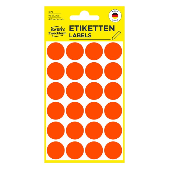 Forpakningsbilde: Avery Zweckform Fargede markeringspunkter, Artikkel: 3172, Format: ⌀ 18 mm, Innhold: 96 markeringspunkter / 4 ark, 24 markeringspunkter/ark.