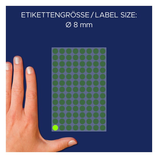 Størrelsessammenligning med hånd, artikkel: 3179, et ark markeringspunkter, format: ⌀ 8 mm, farge: lys grønn?