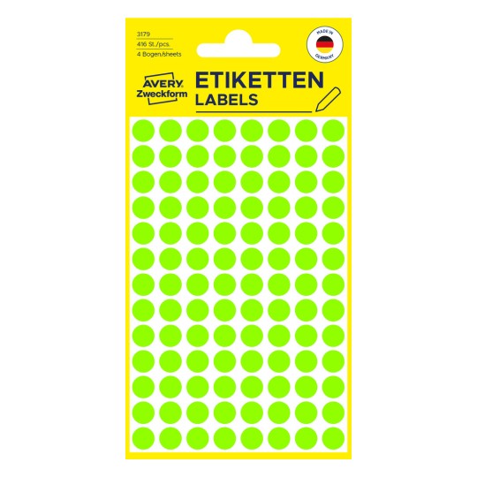 Pakningsbilde: Avery Zweckform Fargede merkepunkter, Artikkel: 3179, Format: ⌀ 8 mm, Innhold: 416 merkepunkter / 4 ark, 104 merkepunkter/ark