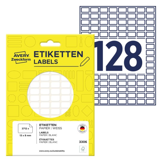 Pakningsbilde med etikettark: Avery Zweckform universaletiketter, Artikkel: 3306, Format: 13 x 8 mm, Innhold: 3 712 etiketter / 29 ark, 128 etiketter/ark.