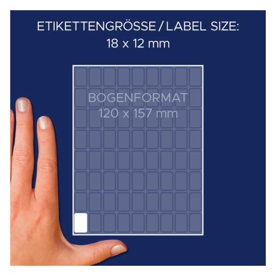 Størrelsessammenligning med hånd, Artikkel: 3312, ett ark med allsidige etiketter, format: 18 x 12 mm, farge: hvit.