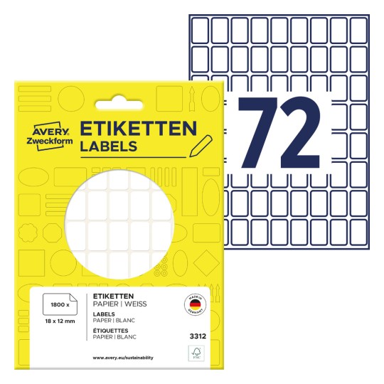 Pakningsbilde med etikettsark: Avery Zweckform Universaletiketter, Artikkel: 3312, Format: 18 x 12 mm, Innhold: 1.800 etiketter / 25 ark, 72 etiketter/ark.