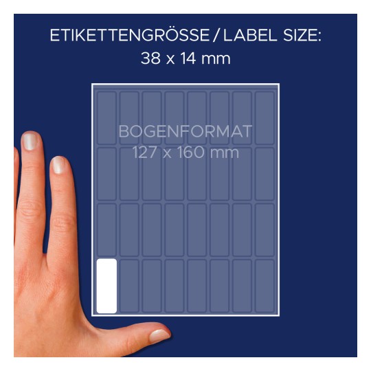 Størrelsessammenligning med hånd, Artikkel: 3323, ett ark med universaletiketter, format: 38 x 14 mm, farge: hvit.